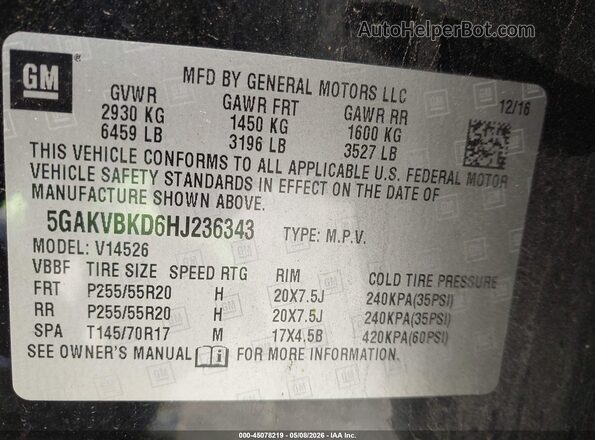 5GAKVBKD6HJ236343 2017 BUICK ENCLAVE Black Widok komory silnika