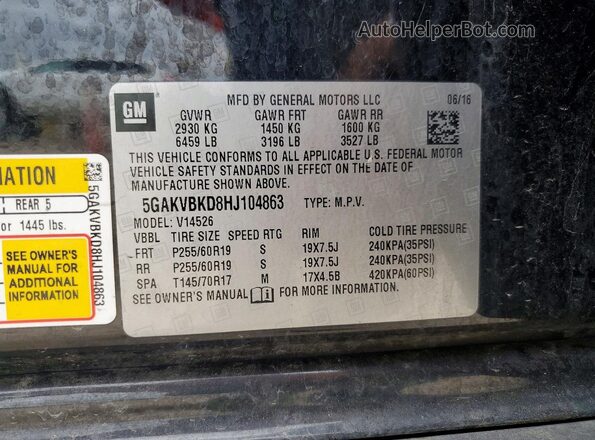5GAKVBKD8HJ104863 2017 BUICK ENCLAVE Black VIN sticker view