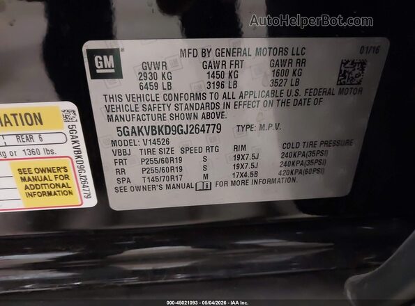 5GAKVBKD9GJ264779 2016 BUICK ENCLAVE Black Engine compartment view