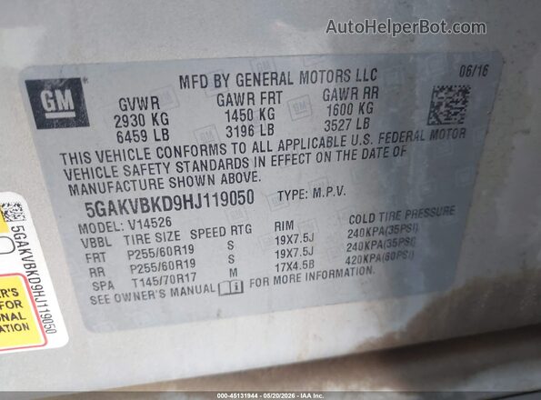5GAKVBKD9HJ119050 2017 BUICK ENCLAVE Gold Вид підкапотного простору