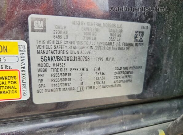 5GAKVBKDXGJ180793 2016 BUICK ENCLAVE Yellow VIN կոդի պիտակի տեսք