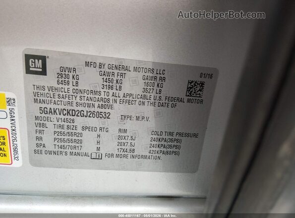 5GAKVCKD2GJ260532 2016 BUICK ENCLAVE Silver 
