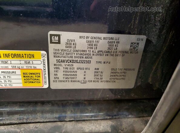 5GAKVCKD2GJ322303 2016 BUICK ENCLAVE Blue 
