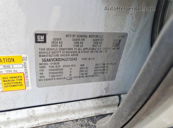 5GAKVCKD3HJ270343 2017 BUICK ENCLAVE White VIN sticker view