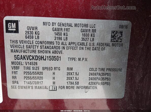 5GAKVCKD9HJ150501 2017 BUICK ENCLAVE Red Vista del compartimento del motor