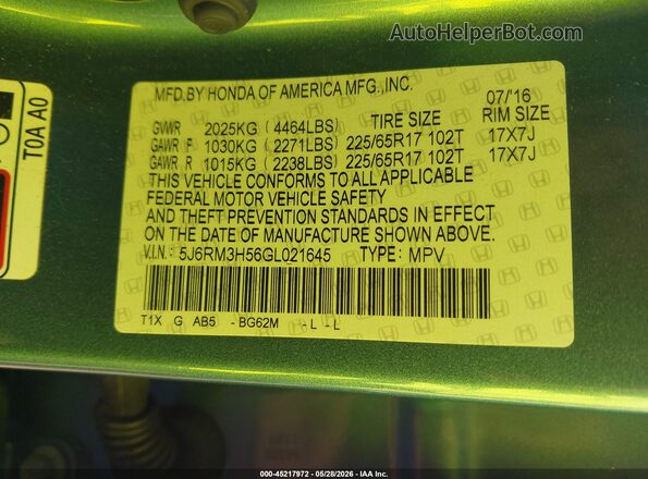 5J6RM3H56GL021645 2016 HONDA CR-V Green Շարժիչի բաժամունքի տեսք
