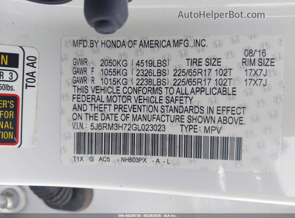 5J6RM3H72GL023023 2016 HONDA CR-V White Вид підкапотного простору