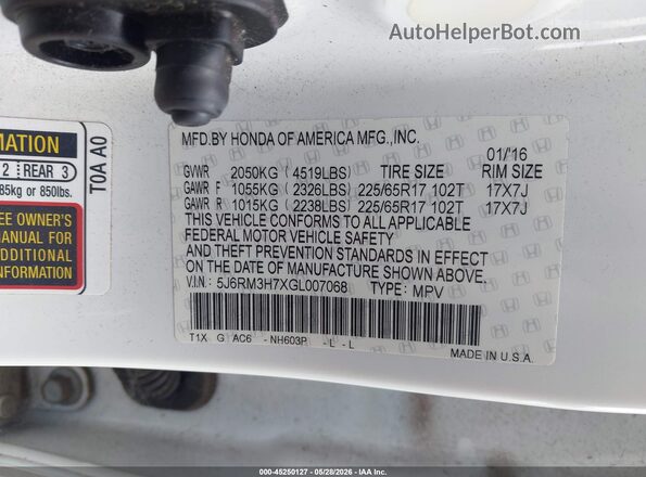5J6RM3H7XGL007068 2016 HONDA CR-V White Engine compartment view