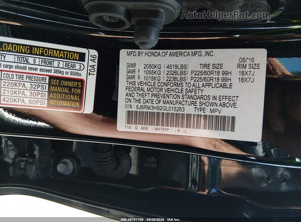 5J6RM3H92GL015263 2016 HONDA CR-V Black ძრავის განყოფილების ხედი