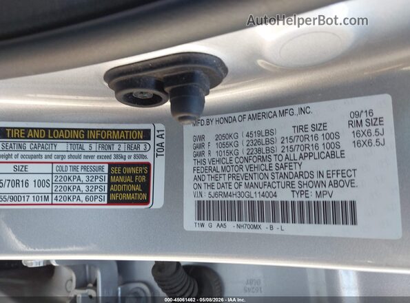 5J6RM4H30GL114004 2016 HONDA CR-V Silver 