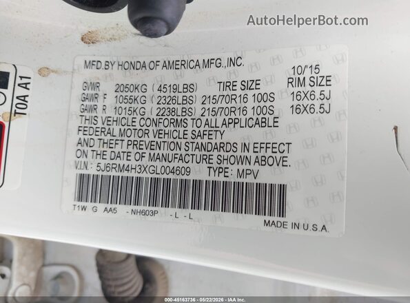 5J6RM4H3XGL004609 2016 HONDA CR-V White Вид підкапотного простору