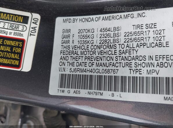 5J6RM4H40GL058767 2016 HONDA CR-V Gray Widok naklejki z numerem VIN