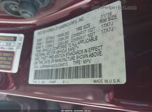 5J6RM4H43GL034513 2016 HONDA CR-V Red Շարժիչի բաժամունքի տեսք