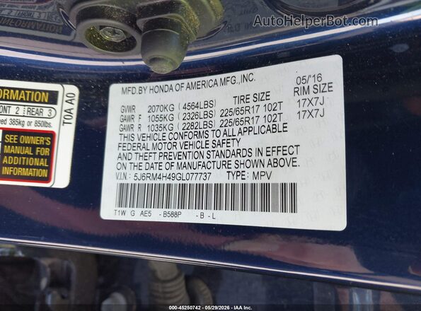 5J6RM4H49GL077737 2016 HONDA CR-V Blue Вид підкапотного простору