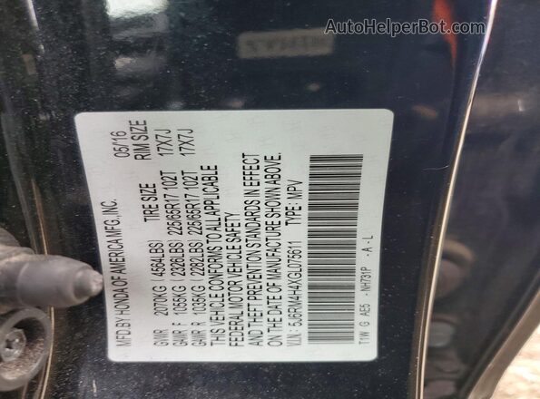 5J6RM4H4XGL075611 2016 HONDA CR-V Black 