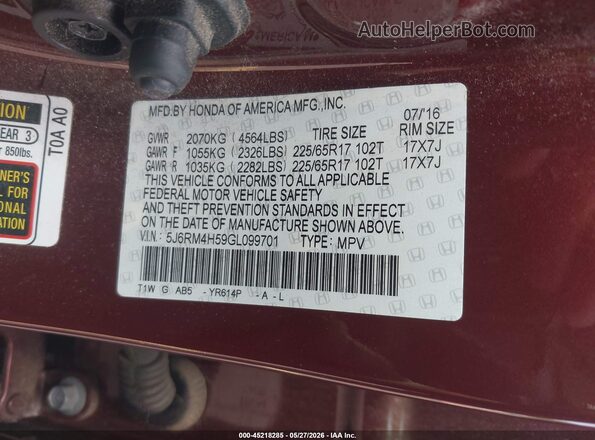 5J6RM4H59GL099701 2016 HONDA CR-V Burgundy Вид підкапотного простору