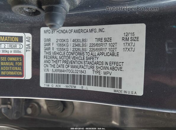 5J6RM4H70GL021843 2016 HONDA CR-V Gray Вид підкапотного простору