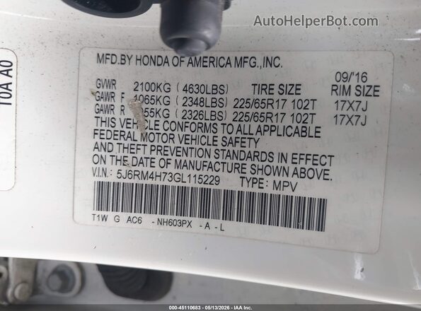 5J6RM4H73GL115229 2016 HONDA CR-V White Շարժիչի բաժամունքի տեսք