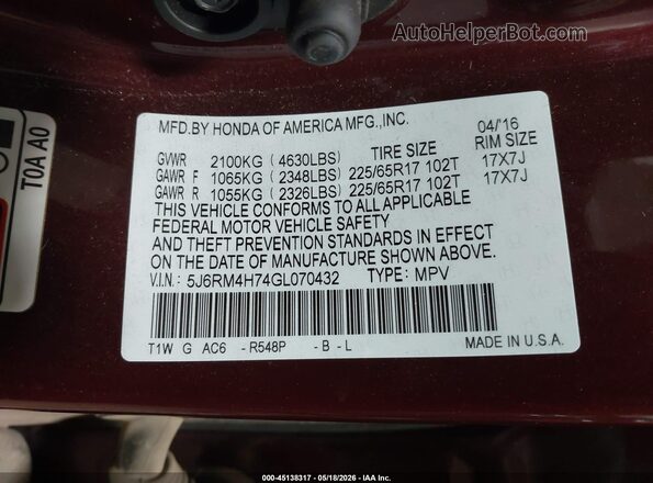 5J6RM4H74GL070432 2016 HONDA CR-V Burgundy Engine compartment view