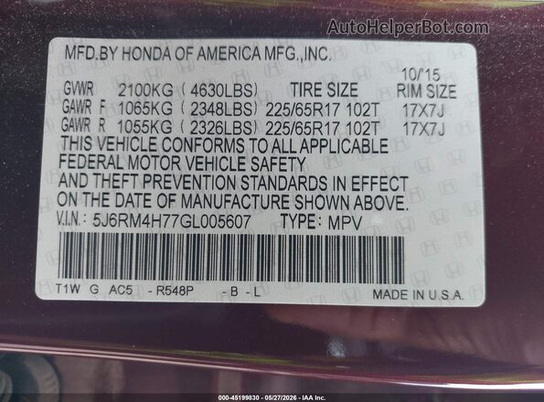 5J6RM4H77GL005607 2016 HONDA CR-V Burgundy Vista del compartimento del motor