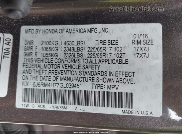 5J6RM4H77GL039451 2016 HONDA CR-V Коричневый 