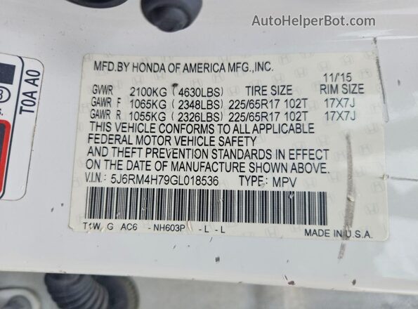 5J6RM4H79GL018536 2016 HONDA CR-V Белый Вид наклейки с VIN-кодом