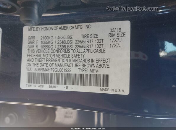 5J6RM4H79GL061922 2016 HONDA CR-V Blue 