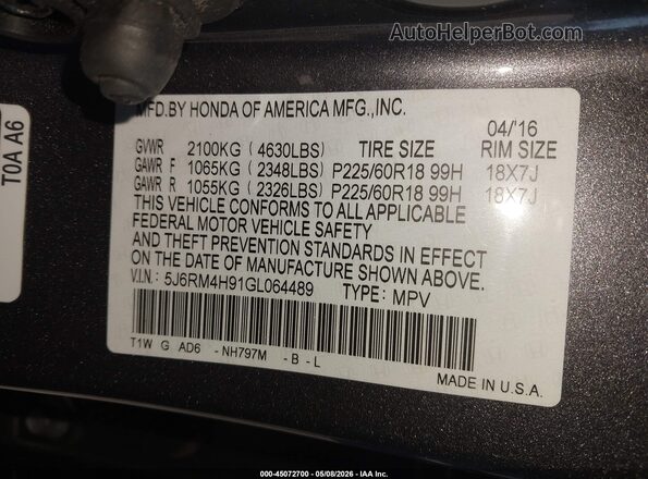 5J6RM4H91GL064489 2016 HONDA CR-V Серый Вид подкапотного пространства