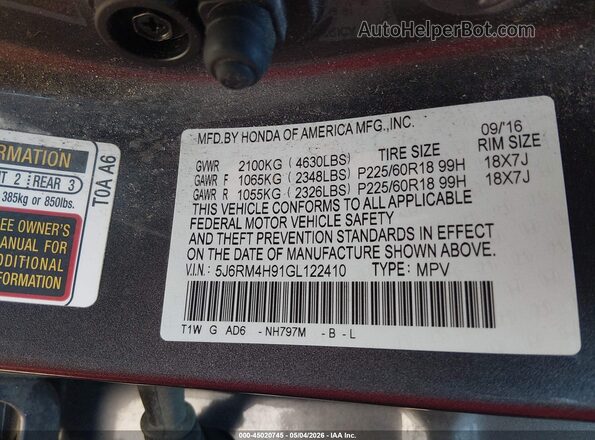 5J6RM4H91GL122410 2016 HONDA CR-V Gray 