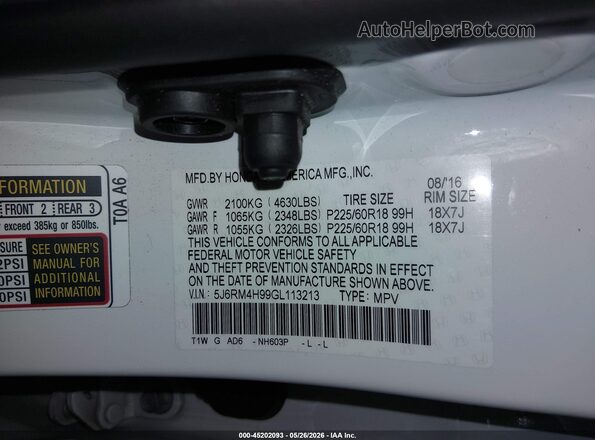 5J6RM4H99GL113213 2016 HONDA CR-V White Engine compartment view