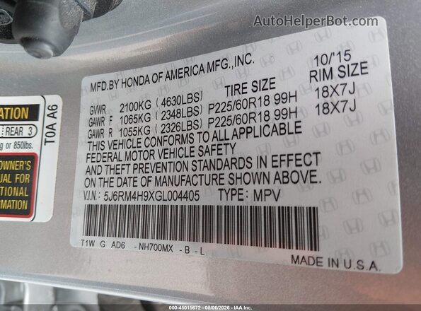 5J6RM4H9XGL004405 2016 HONDA CR-V Silver 