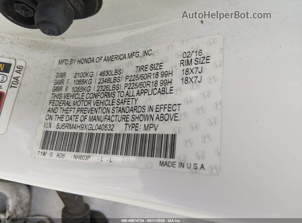 5J6RM4H9XGL040532 2016 HONDA CR-V White Вид підкапотного простору