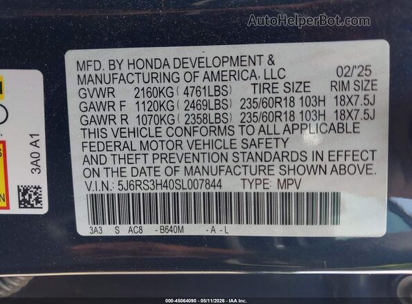 5J6RS3H40SL007844 2025 HONDA CR-V Blue Widok komory silnika