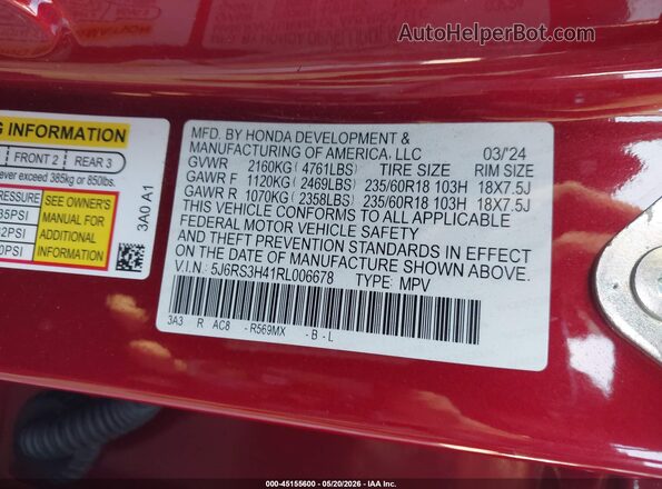 5J6RS3H41RL006678 2024 HONDA CR-V Red Շարժիչի բաժամունքի տեսք