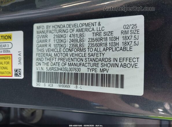 5J6RS3H43SL007630 2025 HONDA CR-V Gray Вид підкапотного простору