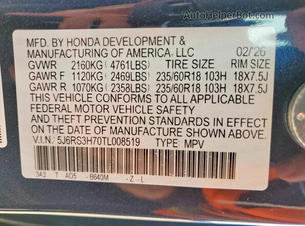 5J6RS3H70TL008519 2026 HONDA CR-V Blue Vista interior de 360 grados