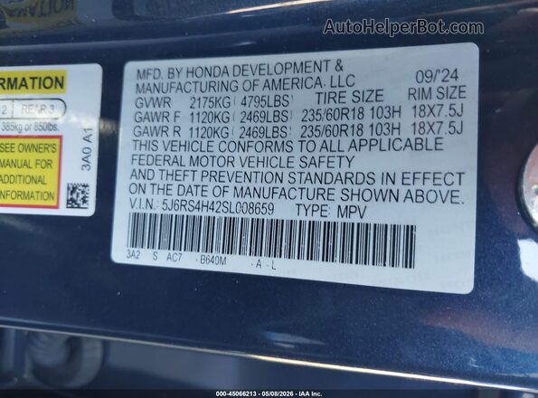 5J6RS4H42SL008659 2025 HONDA CR-V Blue Շարժիչի բաժամունքի տեսք