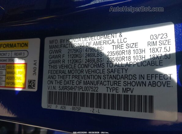5J6RS4H71PL007522 2023 HONDA CR-V Blue Շարժիչի բաժամունքի տեսք