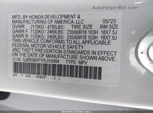 5J6RS4H71PL010484 2023 HONDA CR-V White 