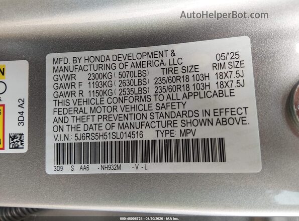 5J6RS5H51SL014516 2025 HONDA CR-V HYBRID Silver 