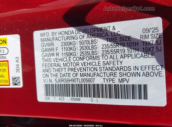 5J6RS6H90TL005607 2026 HONDA CR-V HYBRID Red ძრავის განყოფილების ხედი
