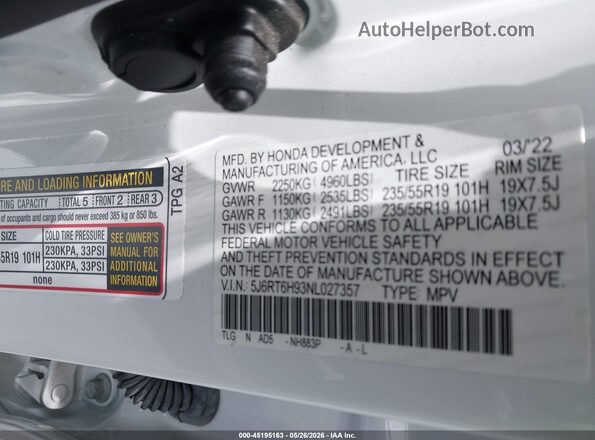 5J6RT6H93NL027357 2022 HONDA CR-V White Engine compartment view