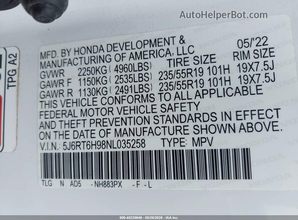 5J6RT6H98NL035258 2022 HONDA CR-V Белый Вид подкапотного пространства