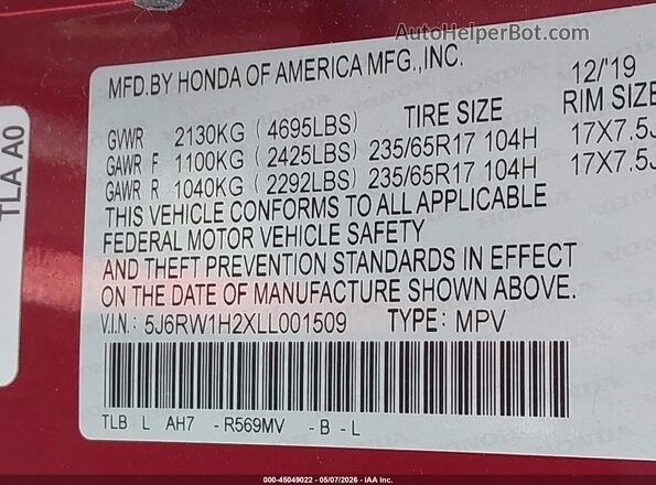 5J6RW1H2XLL001509 2020 HONDA CR-V Red 