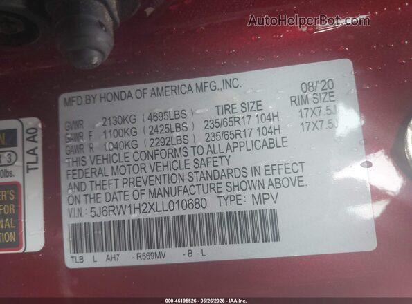 5J6RW1H2XLL010680 2020 HONDA CR-V Красный Вид подкапотного пространства