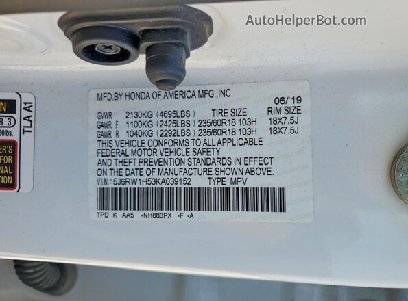 5J6RW1H53KA039152 2019 HONDA CR-V White 