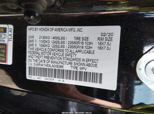 5J6RW1H53LA008386 2020 HONDA CR-V Black Շարժիչի բաժամունքի տեսք