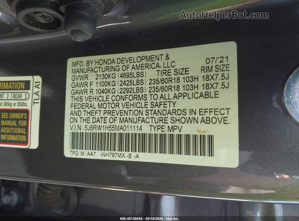 5J6RW1H55MA011114 2021 HONDA CR-V Серый 