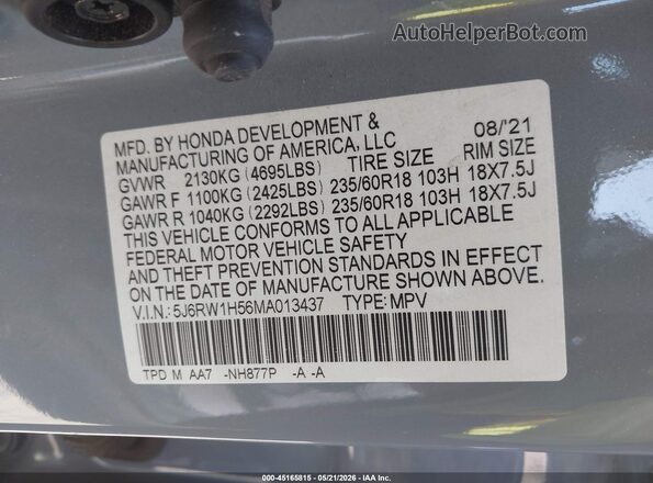 5J6RW1H56MA013437 2021 HONDA CR-V Серый Вид подкапотного пространства