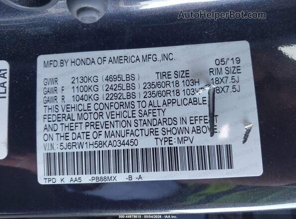 5J6RW1H58KA034450 2019 HONDA CR-V Black Engine compartment view